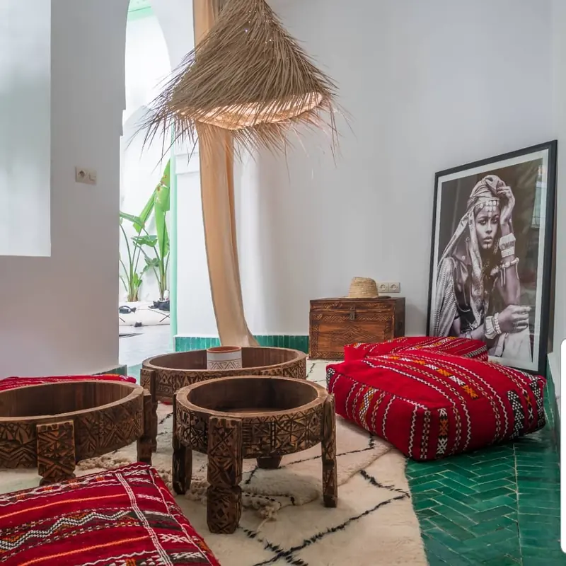 Les poufs de cuir et les coussins rouges